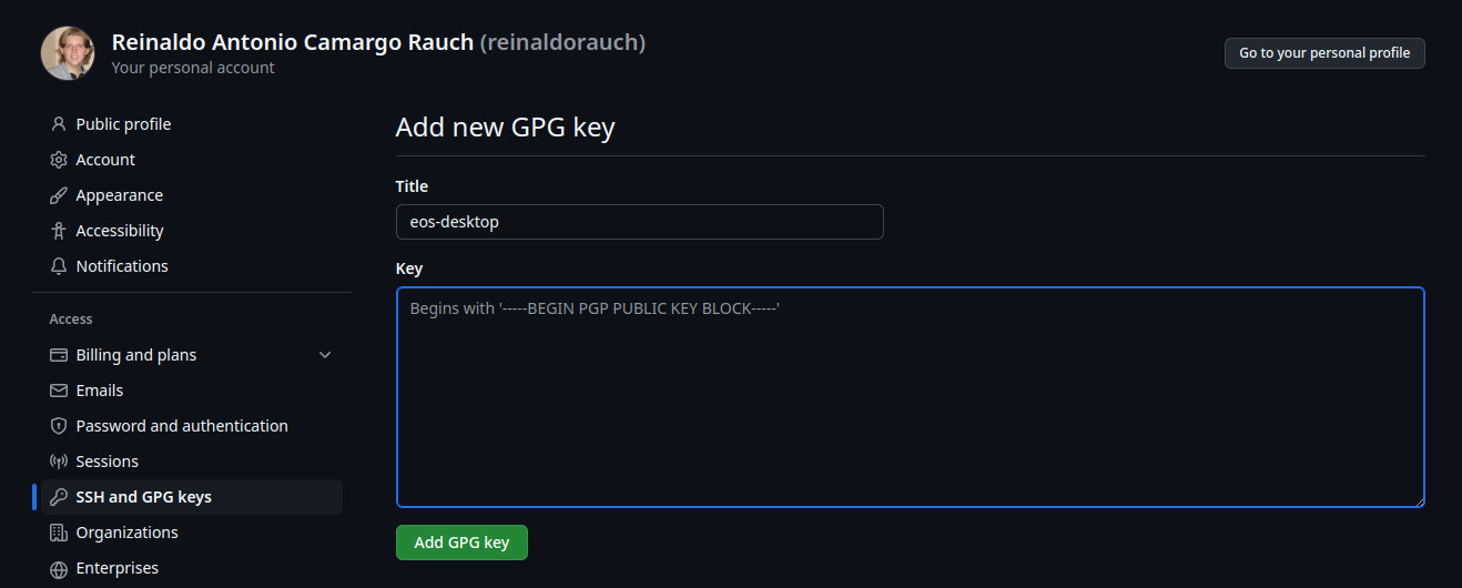 print do formulário de cadastro de chave gpg no github com um campo para o rótulo da chave e o outro campo de texto para que o usuário cole o conteúdo de sua chave pública