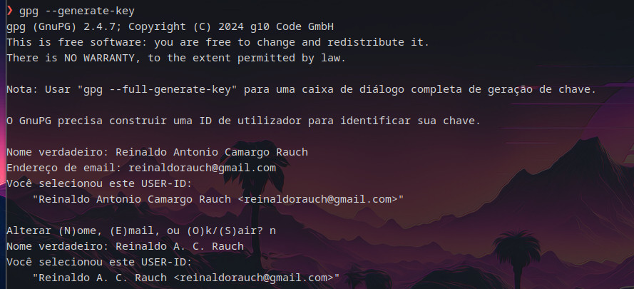 eu gerando uma nova chave gpg no meu terminal com o comando gpg --gen-key